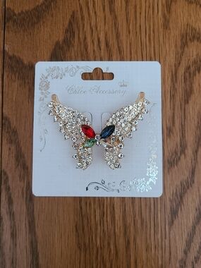 Gold Butterfly Crystal Brooch with Multicolor Stones